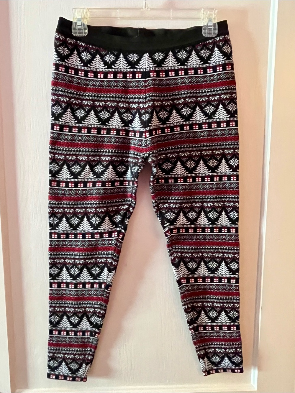 ruby moon Red White & Black Holiday Nordic Pattern Leggings with Snowflakes